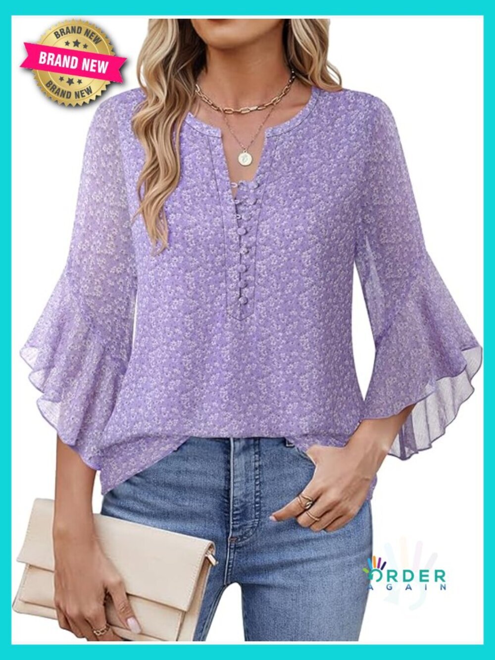 Floral V-Neck Button Down Blouse 3/4 Ruffle Sleeve Chic Casual Elegant Top - Picture 1 of 7